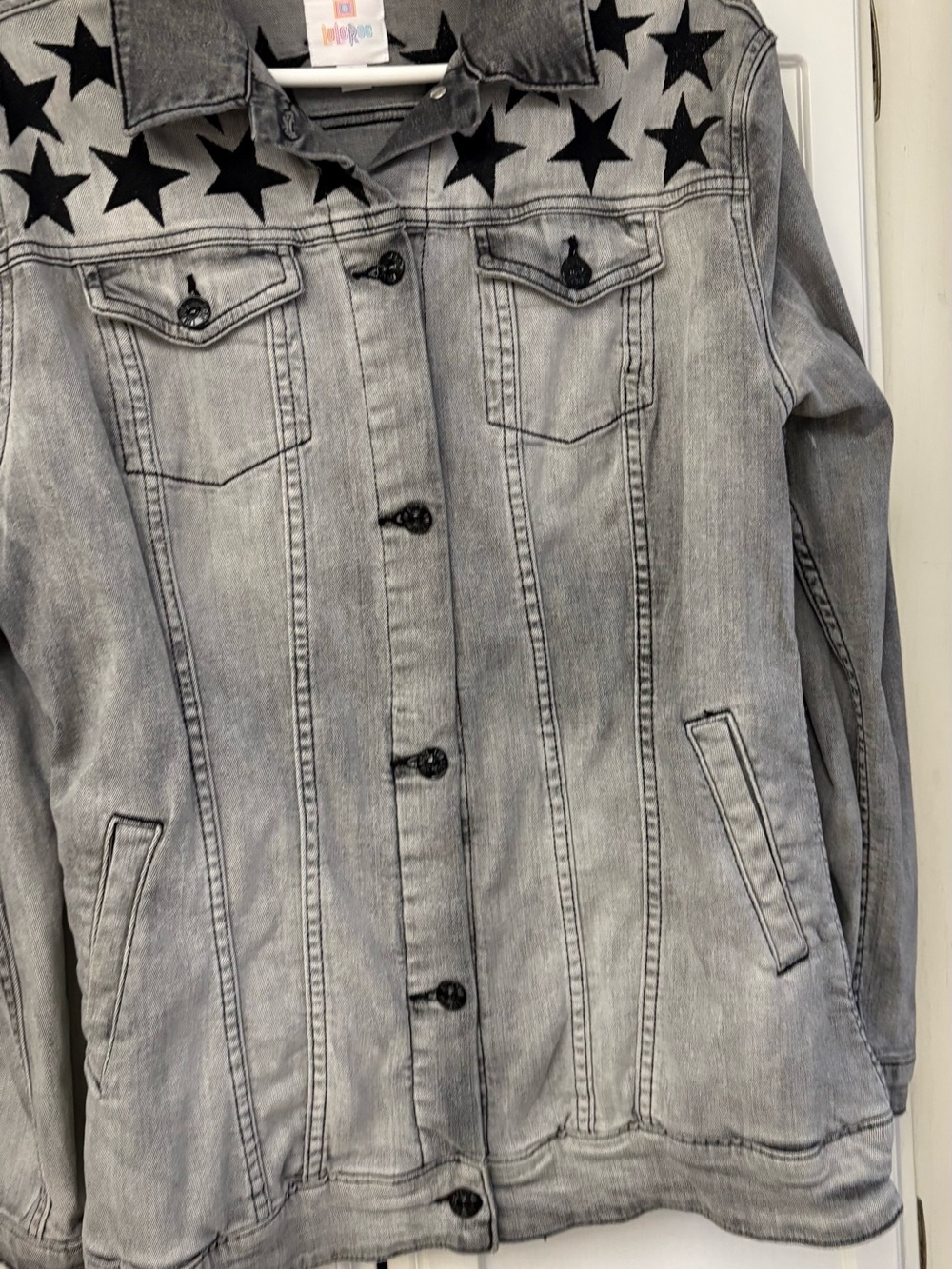 LuLaRoe Grey Denim Jacket with Black Star Yoke